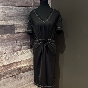 Black V-Neck Dress with White Stitching